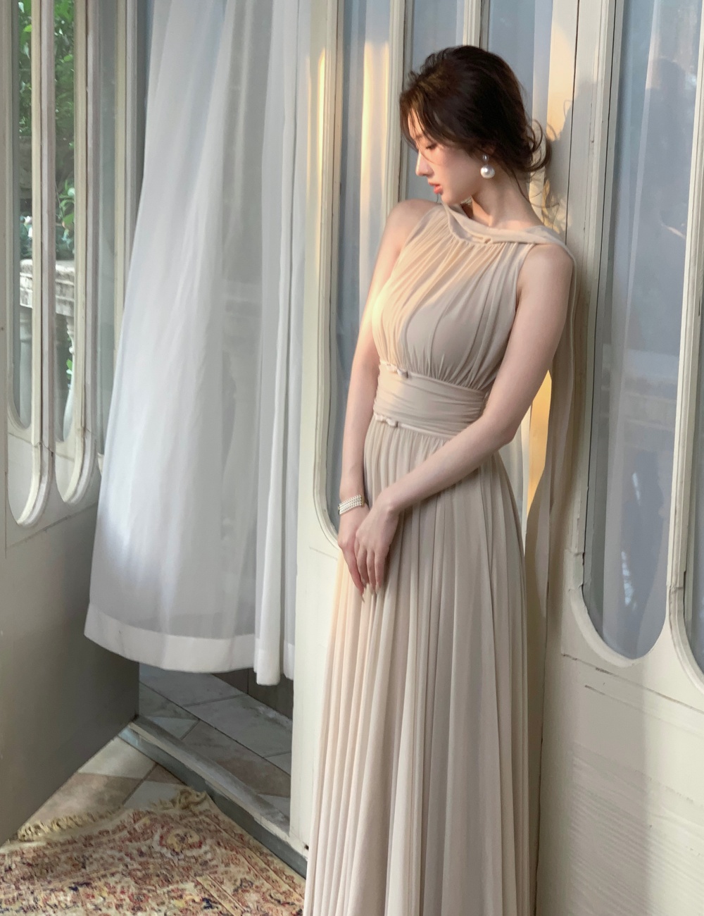 Gauze elasticity tender dress streamer bow long dress