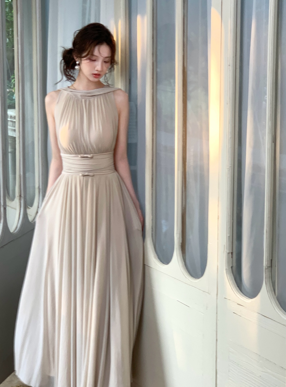 Gauze elasticity tender dress streamer bow long dress
