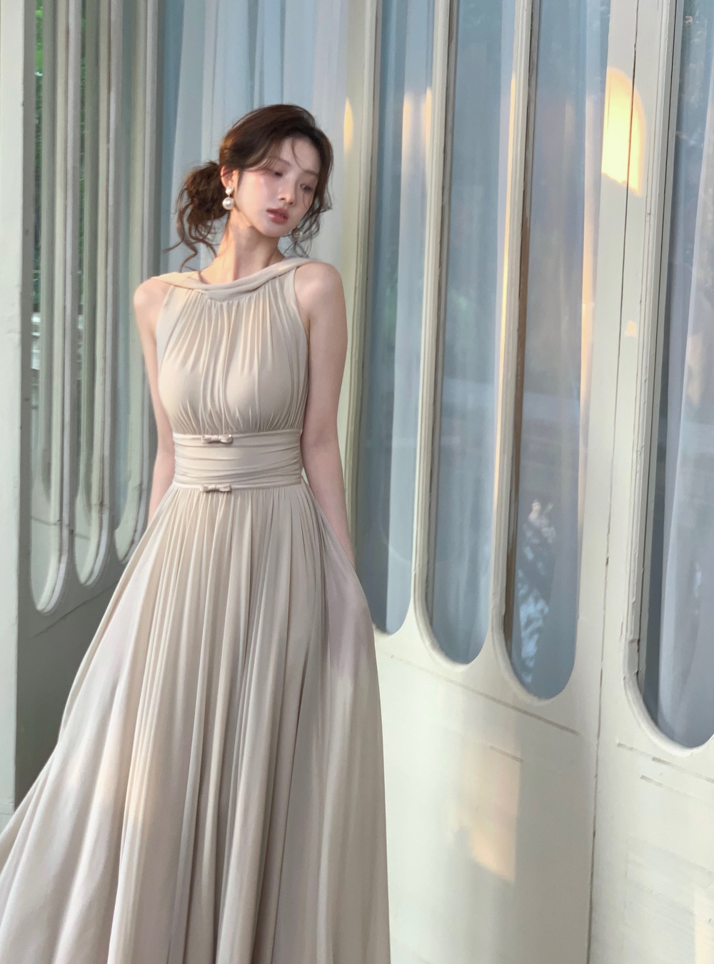 Gauze elasticity tender dress streamer bow long dress