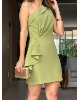 Casual lotus leaf edges European style shoulder dress