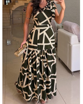 Casual A-line printing shoulder wood ear dress for women