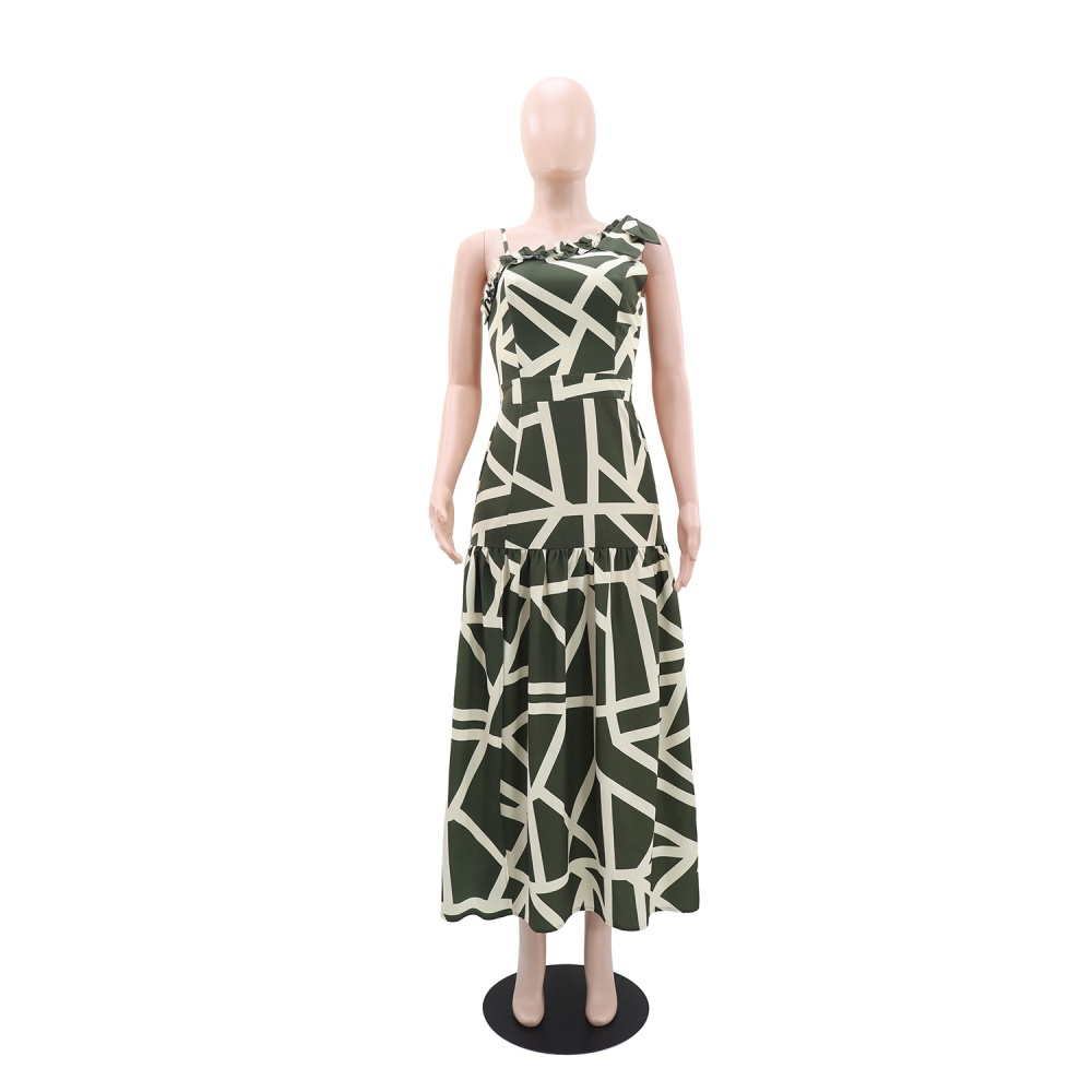 Casual A-line printing shoulder wood ear dress for women
