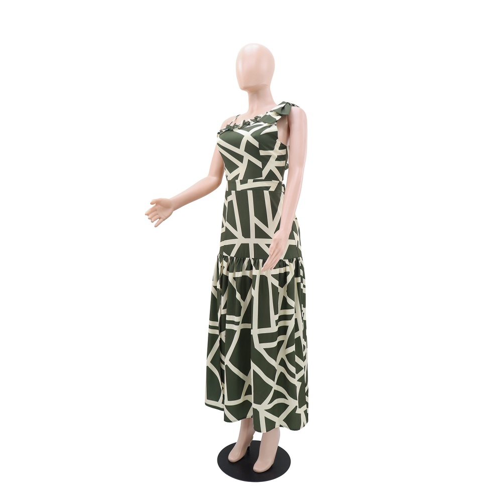 Casual A-line printing shoulder wood ear dress for women