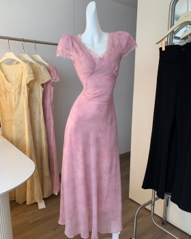 Temperament V-neck lace tie dye pinched waist dress