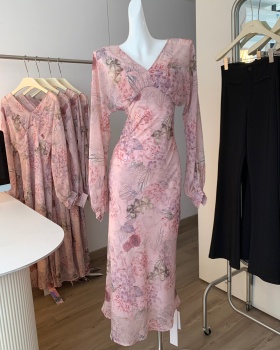 Slim blooming printing long dress temperament V-neck dress
