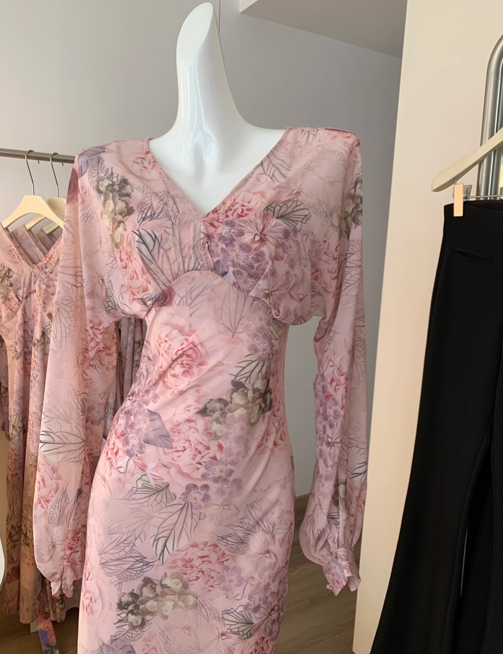 Slim blooming printing long dress temperament V-neck dress