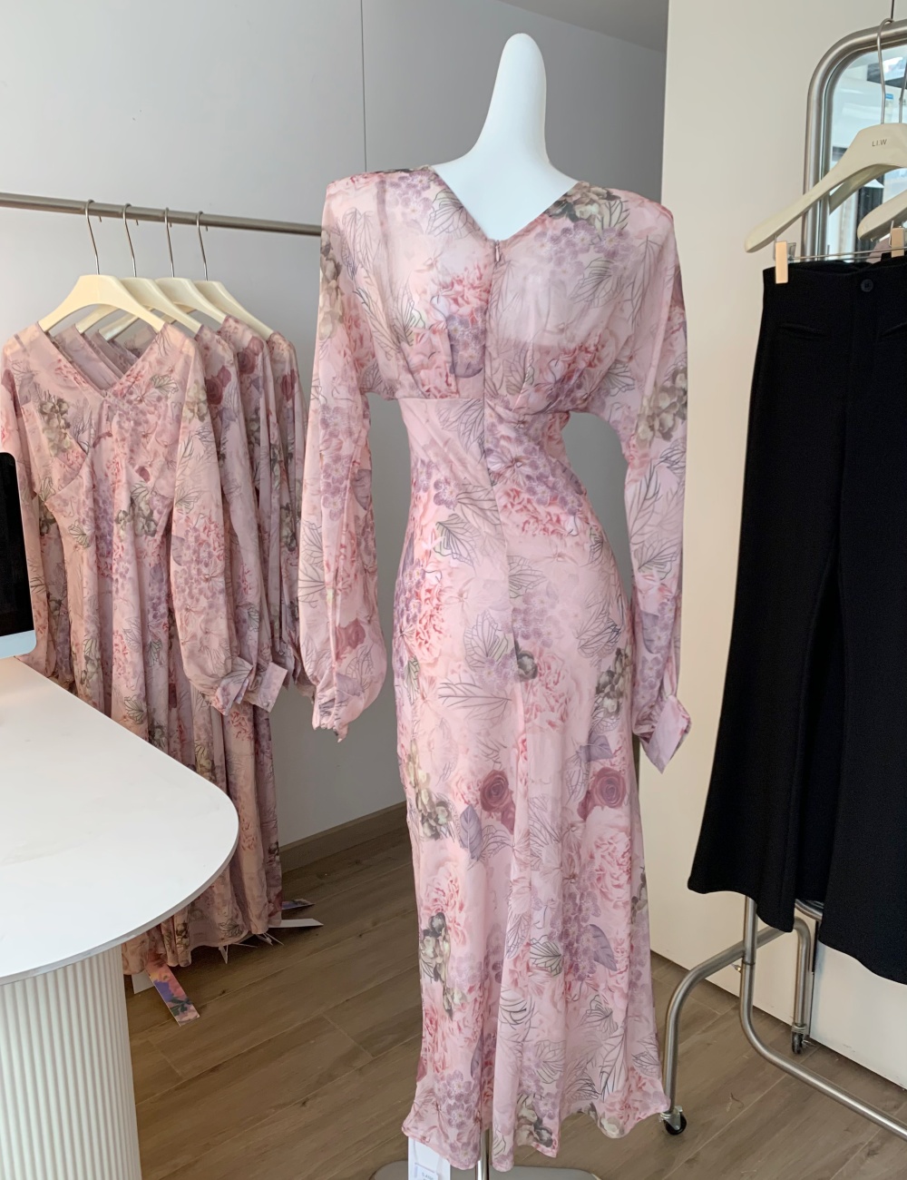 Slim blooming printing long dress temperament V-neck dress