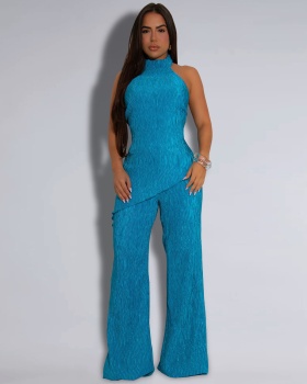 Halter Casual wide leg fashion long pants 2pcs set for women
