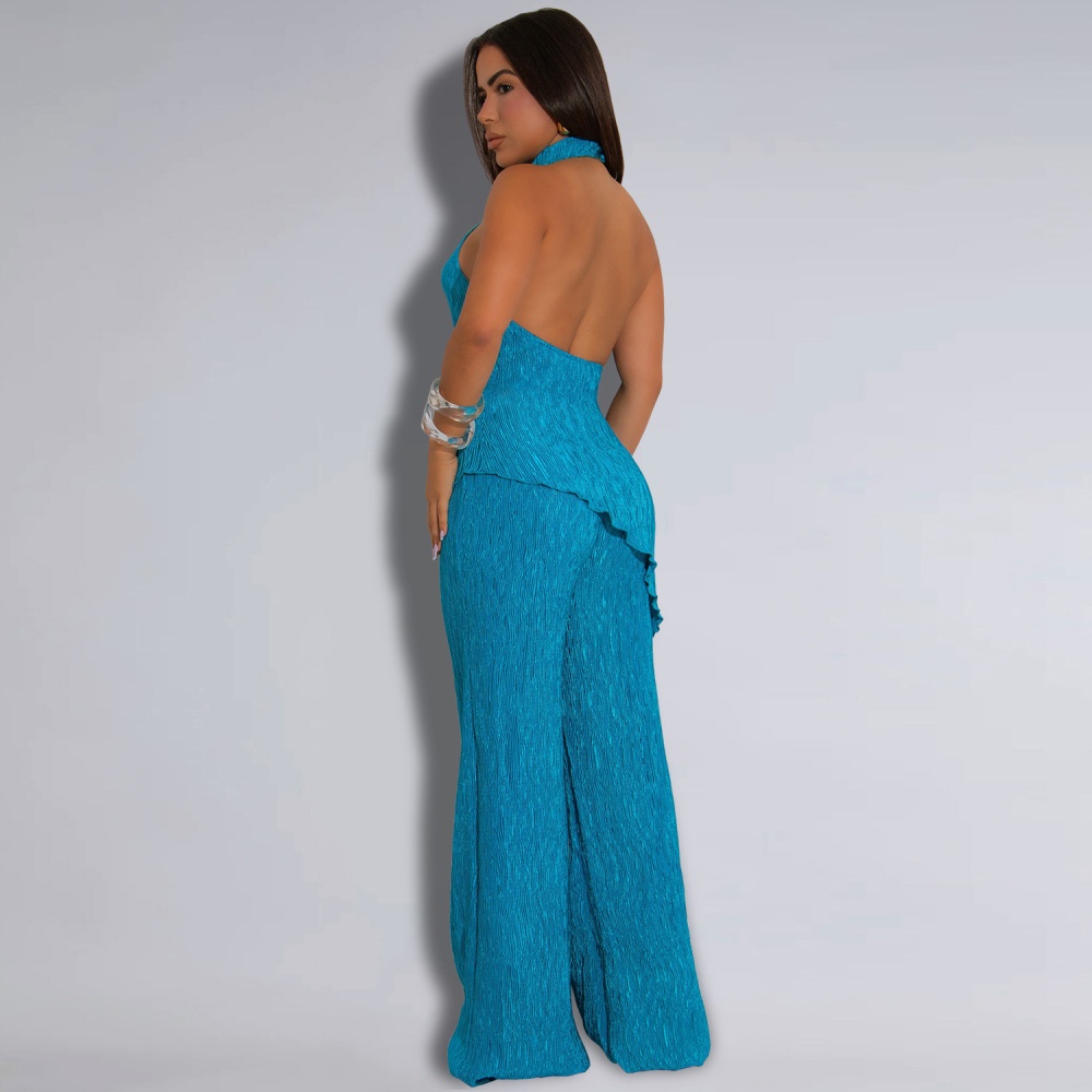 Halter Casual wide leg fashion long pants 2pcs set for women