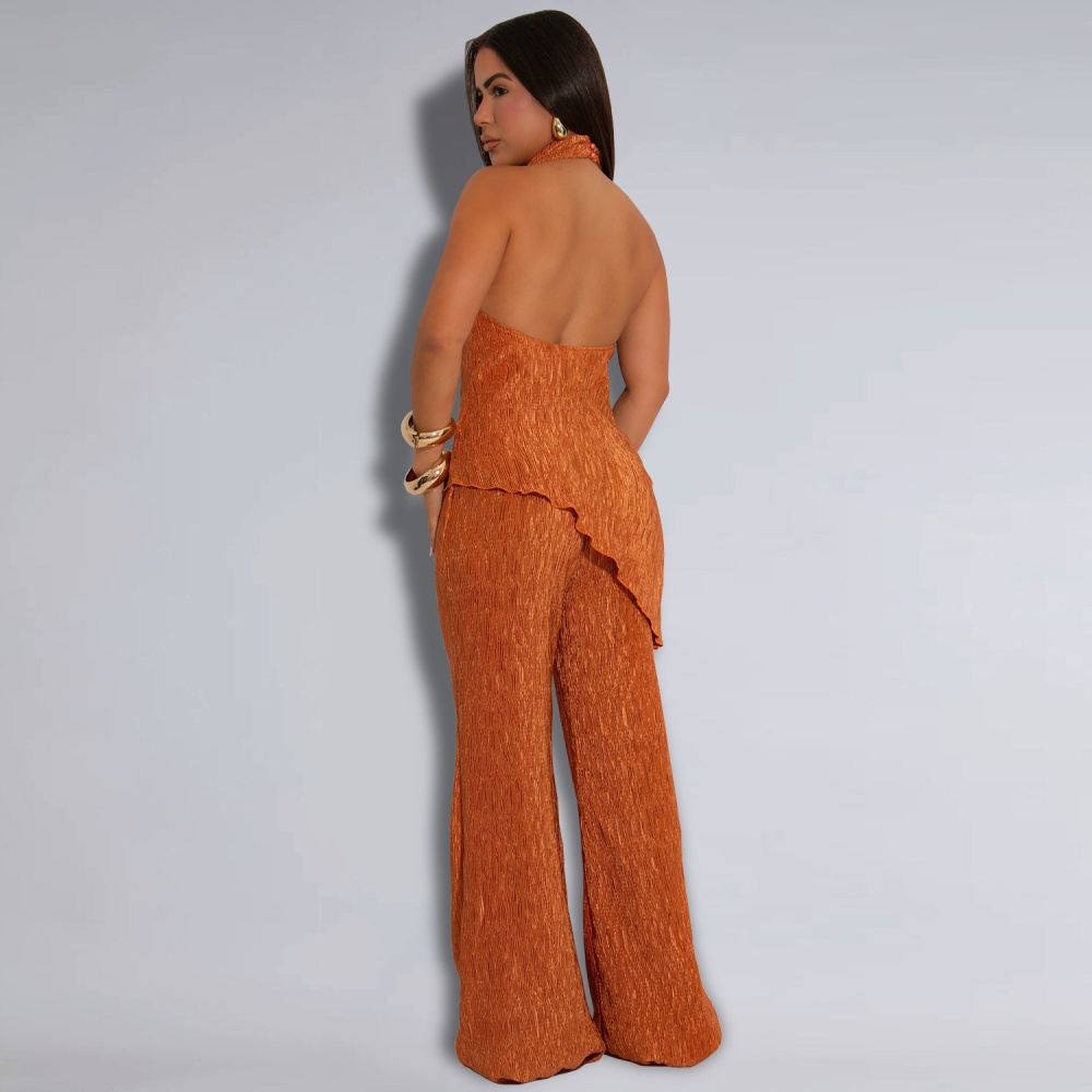 Halter Casual wide leg fashion long pants 2pcs set for women