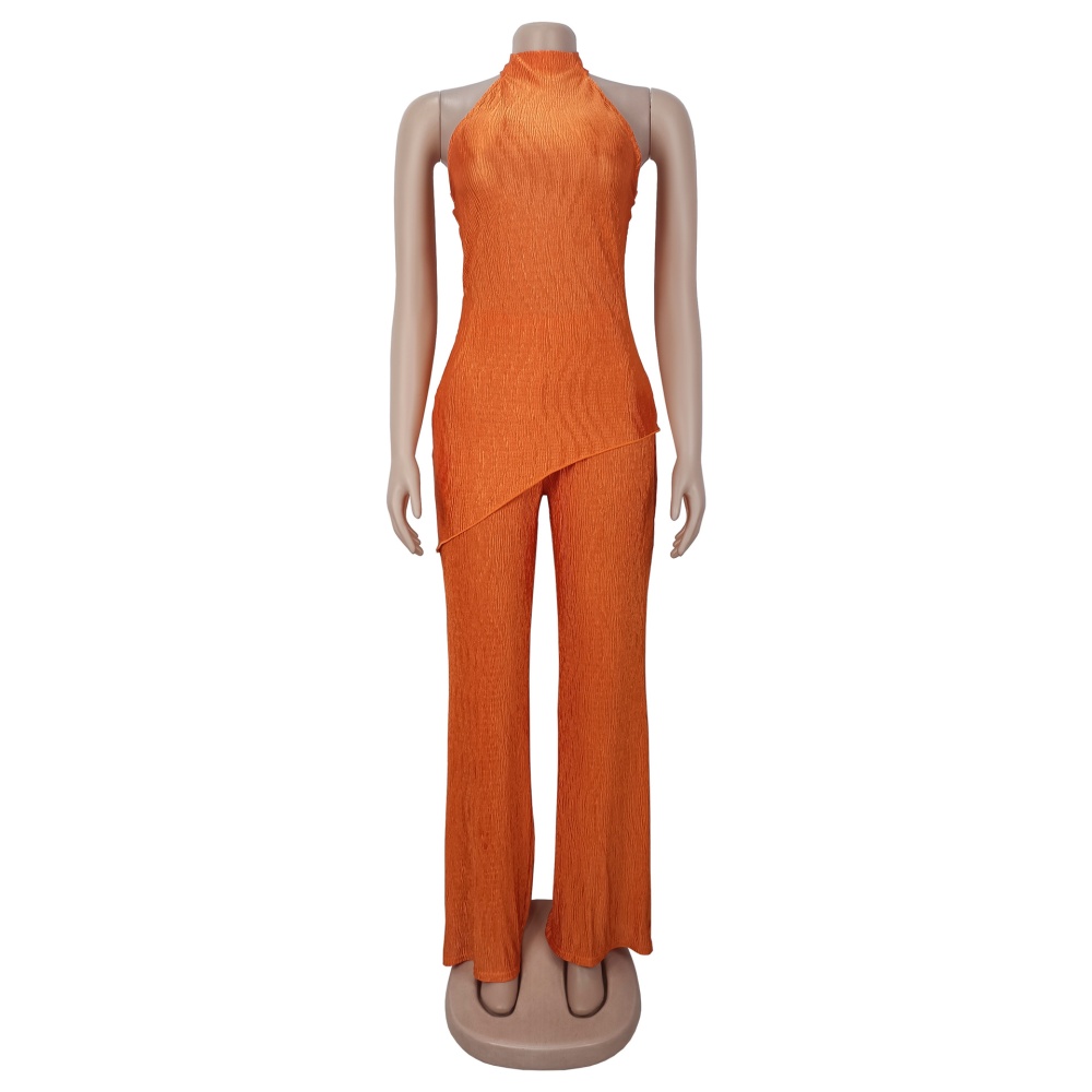 Halter Casual wide leg fashion long pants 2pcs set for women