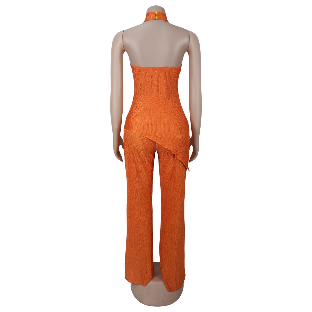 Halter Casual wide leg fashion long pants 2pcs set for women