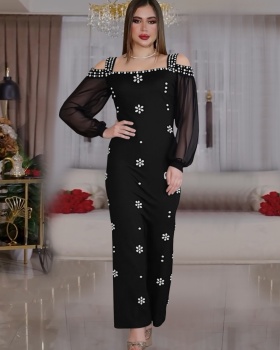 Slim square collar rhinestone gauze dress