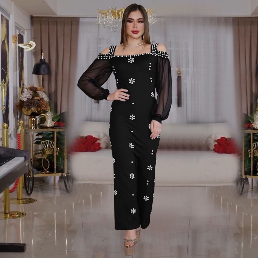 Slim square collar rhinestone gauze dress