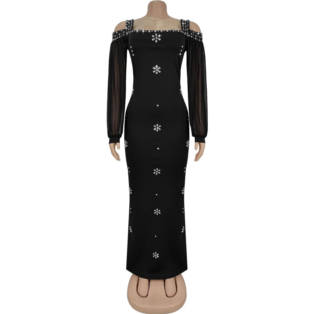 Slim square collar rhinestone gauze dress