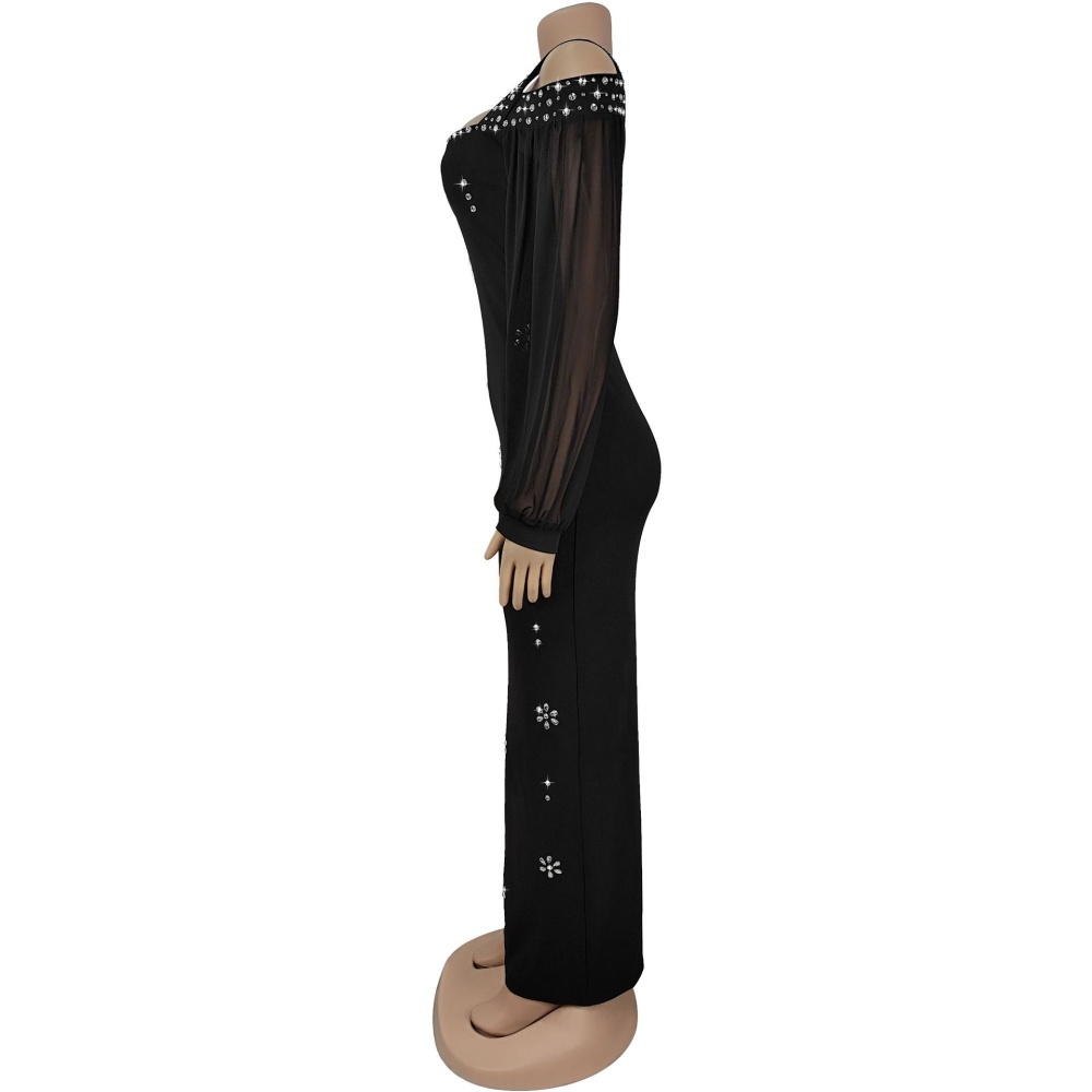 Slim square collar rhinestone gauze dress