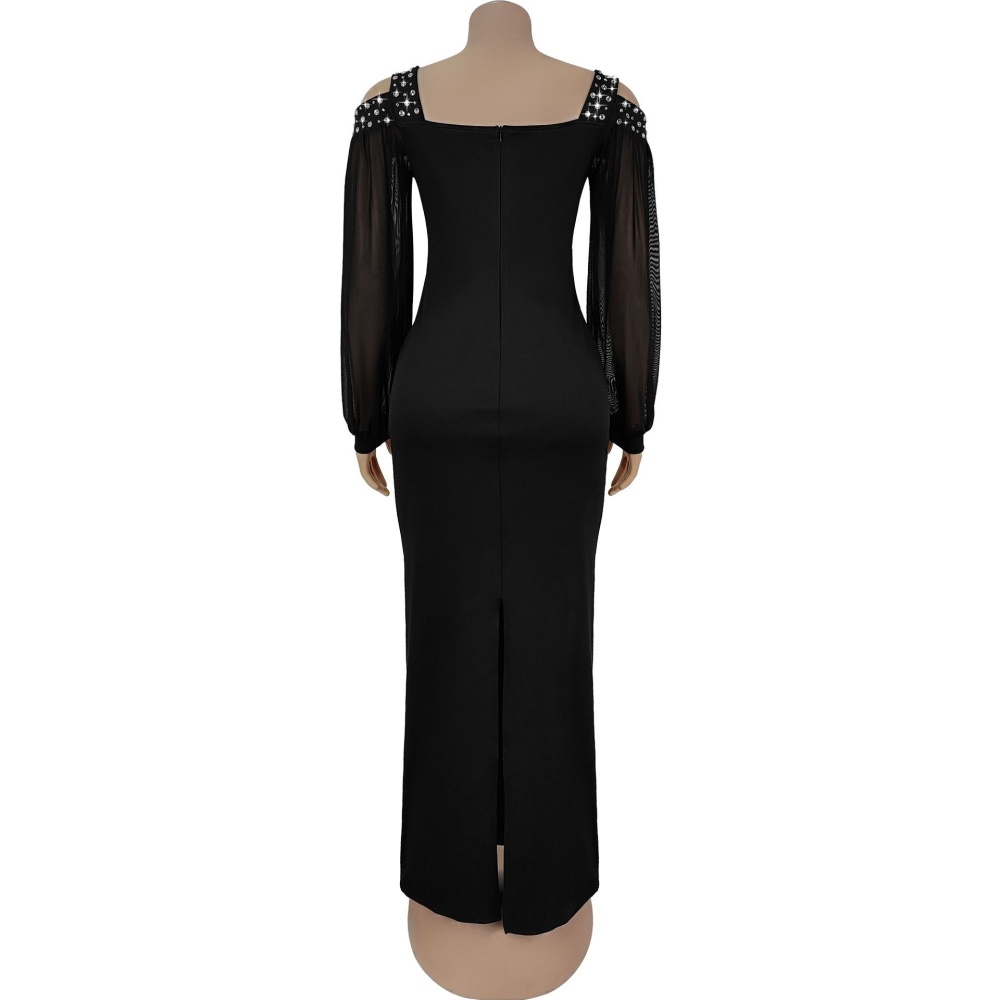 Slim square collar rhinestone gauze dress