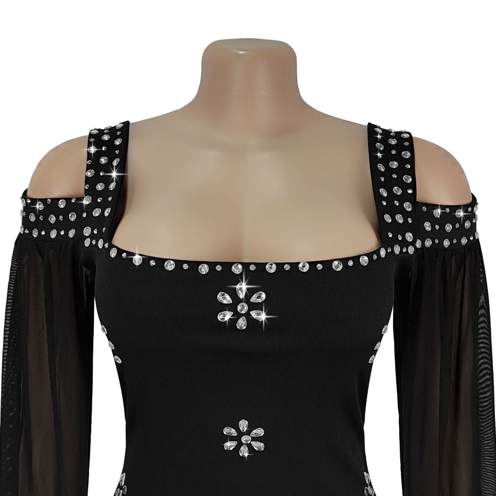 Slim square collar rhinestone gauze dress
