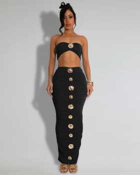 Fashion tops breasted long skirt 2pcs set