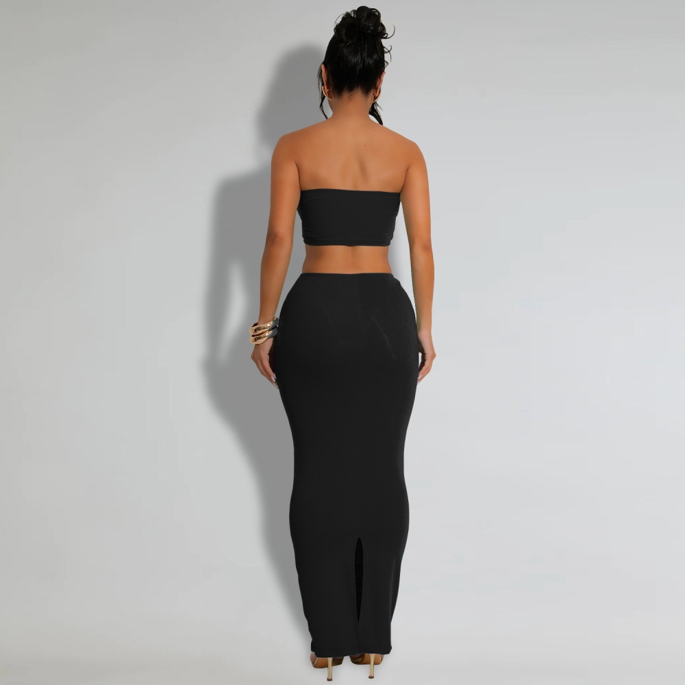 Fashion tops breasted long skirt 2pcs set