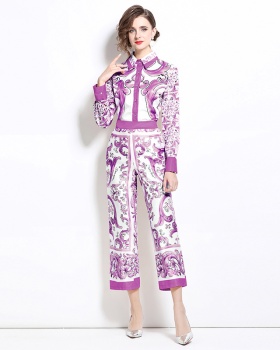Loose printing shirt slim European style wide leg pants a set