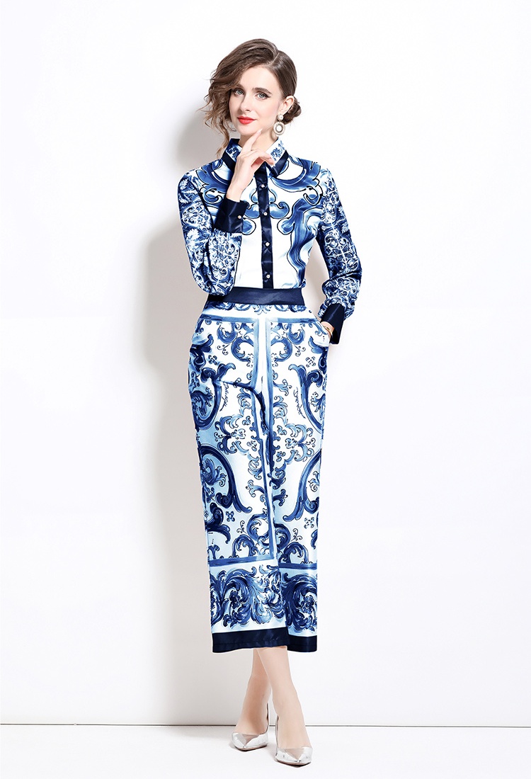 Loose printing shirt slim European style wide leg pants a set