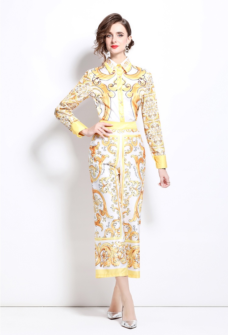 Loose printing shirt slim European style wide leg pants a set