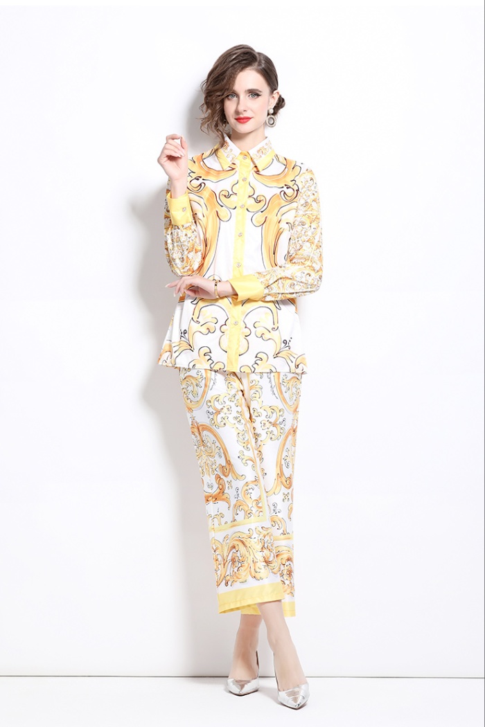 Loose printing shirt slim European style wide leg pants a set
