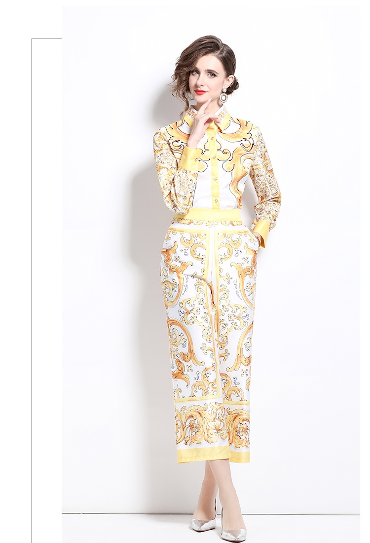 Loose printing shirt slim European style wide leg pants a set