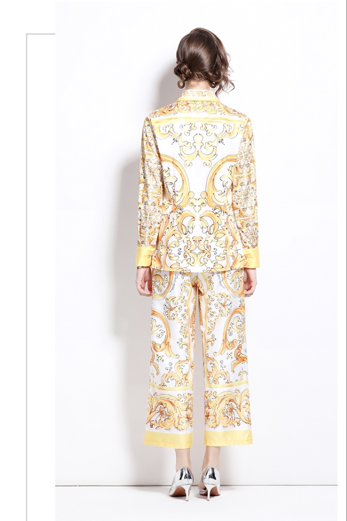Loose printing shirt slim European style wide leg pants a set