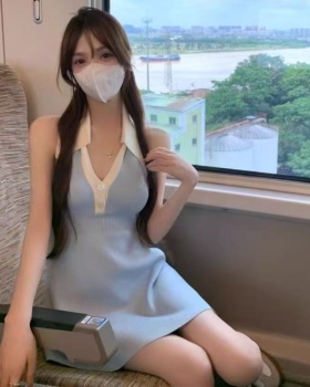 Sleeveless V-neck knitted T-back maiden sky-blue dress