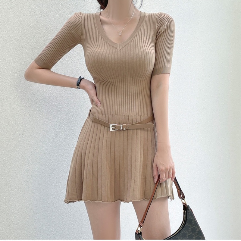 With belt short sleeve V-neck belt knitted Korean style dress