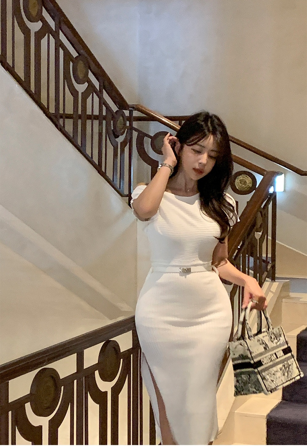 Strapless pinched waist slim split long knitted dress