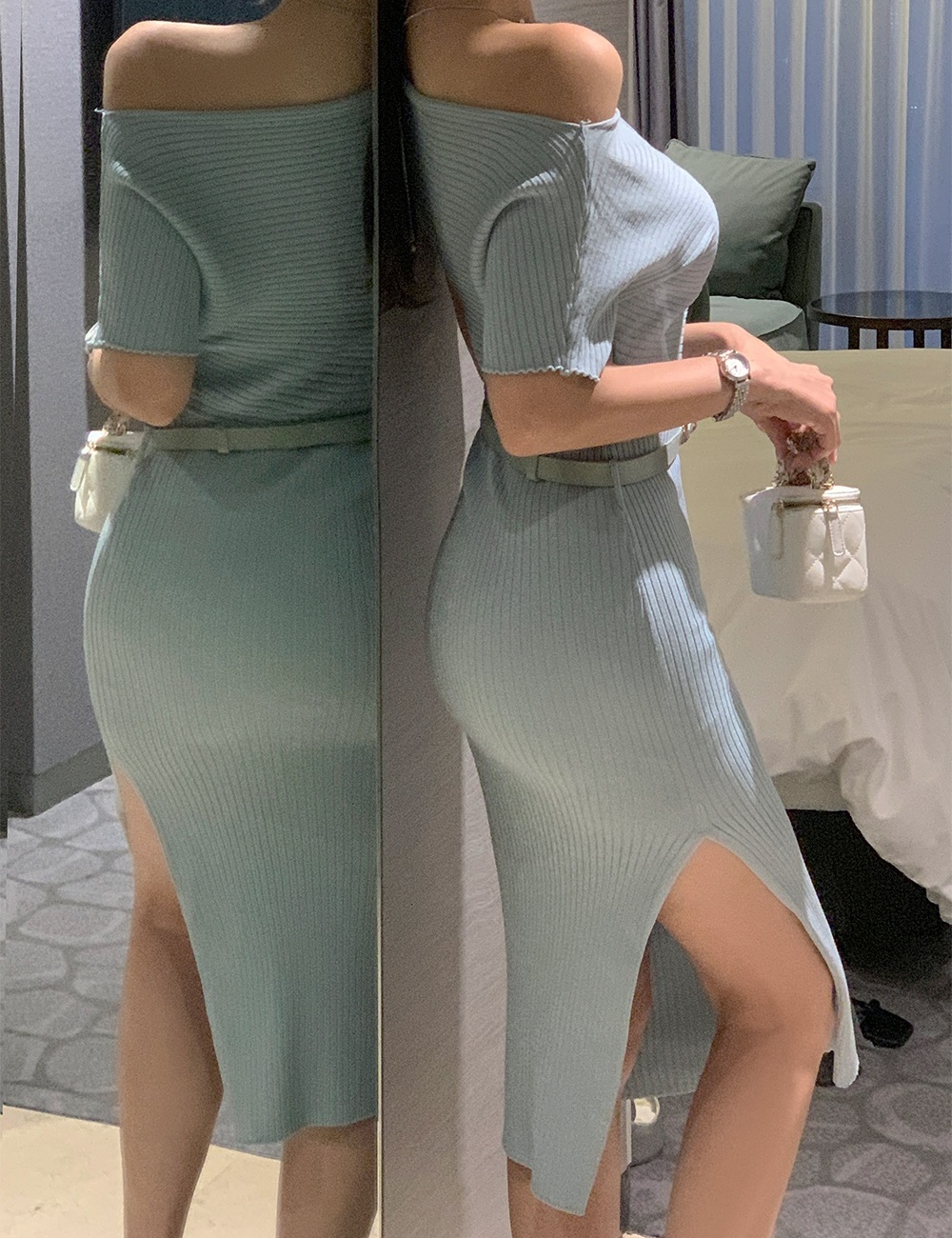 Strapless pinched waist slim split long knitted dress