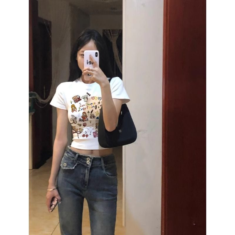 Short sleeve printing cotton spandex T-shirt for women