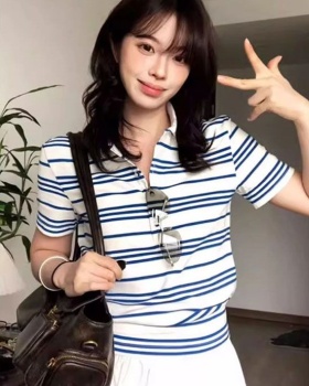 Bandage blue-white short sleeve T-shirt stripe summer tops