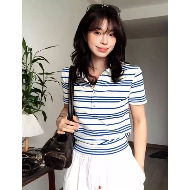Bandage blue-white short sleeve T-shirt stripe summer tops