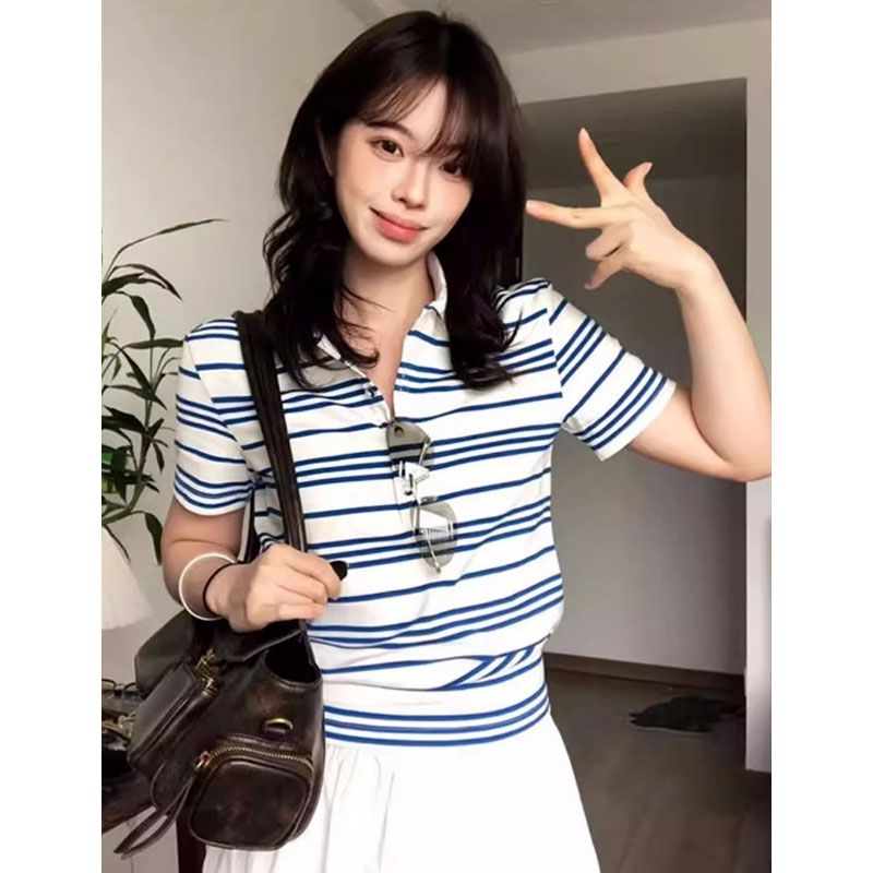 Bandage blue-white short sleeve T-shirt stripe summer tops
