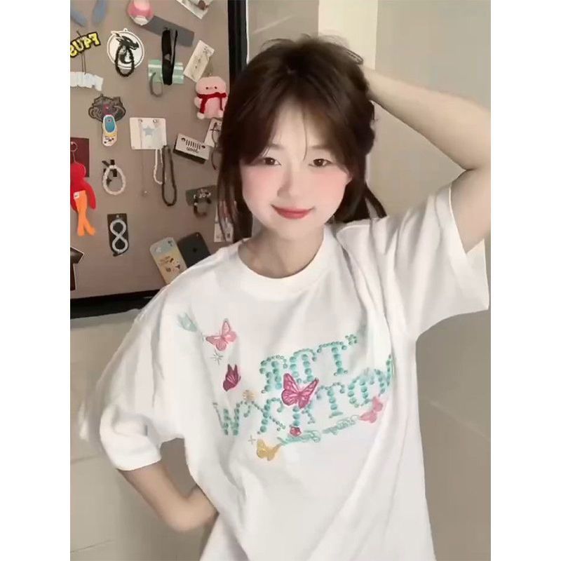 Pure cotton letters short sleeve butterfly T-shirt