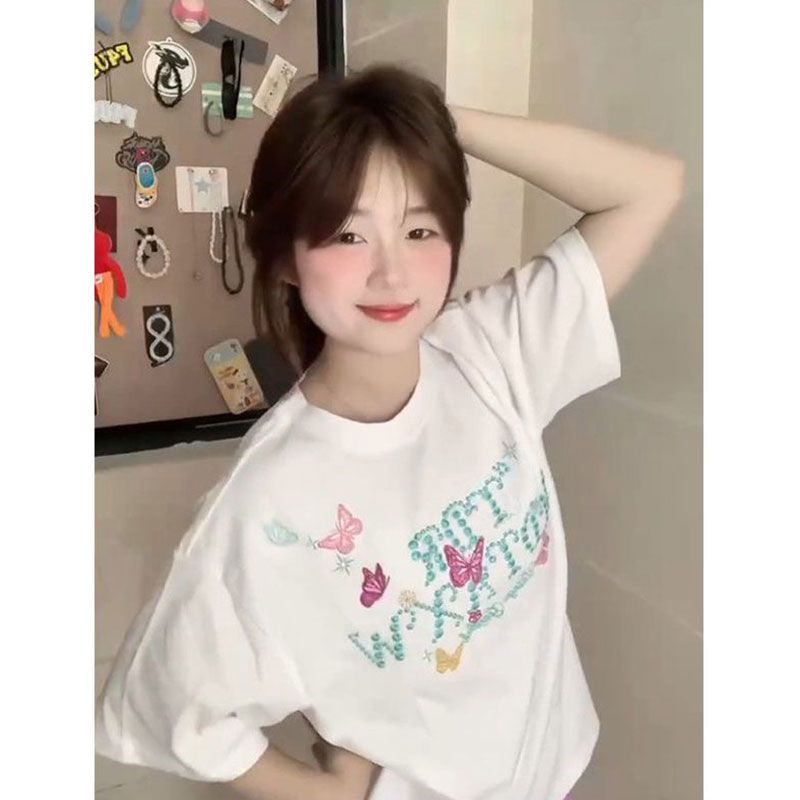 Pure cotton letters short sleeve butterfly T-shirt