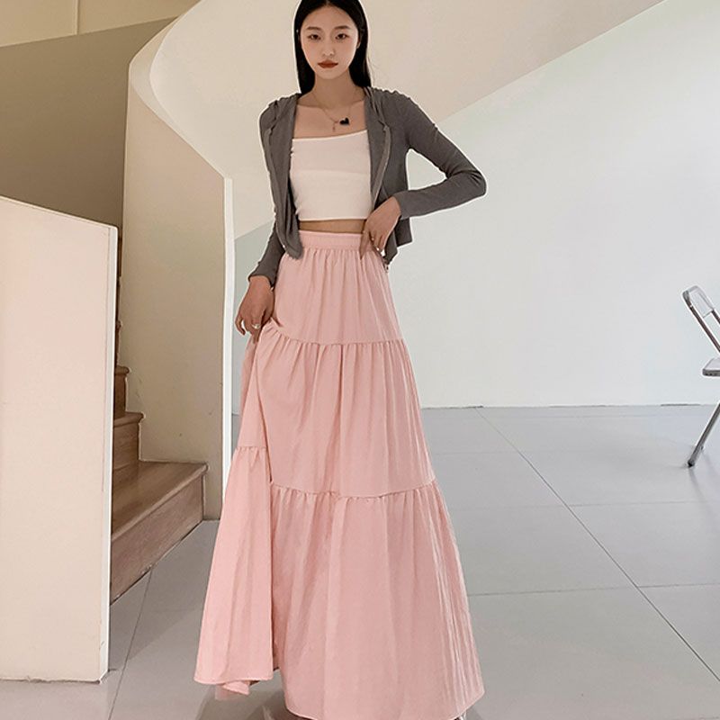 Waist slim loose cake France style elastic pink skirt
