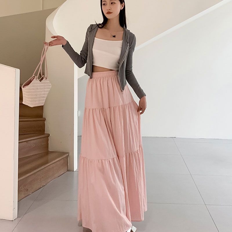 Waist slim loose cake France style elastic pink skirt