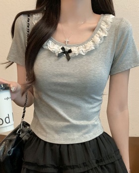 Lace short sleeve T-shirt slim short tops for women