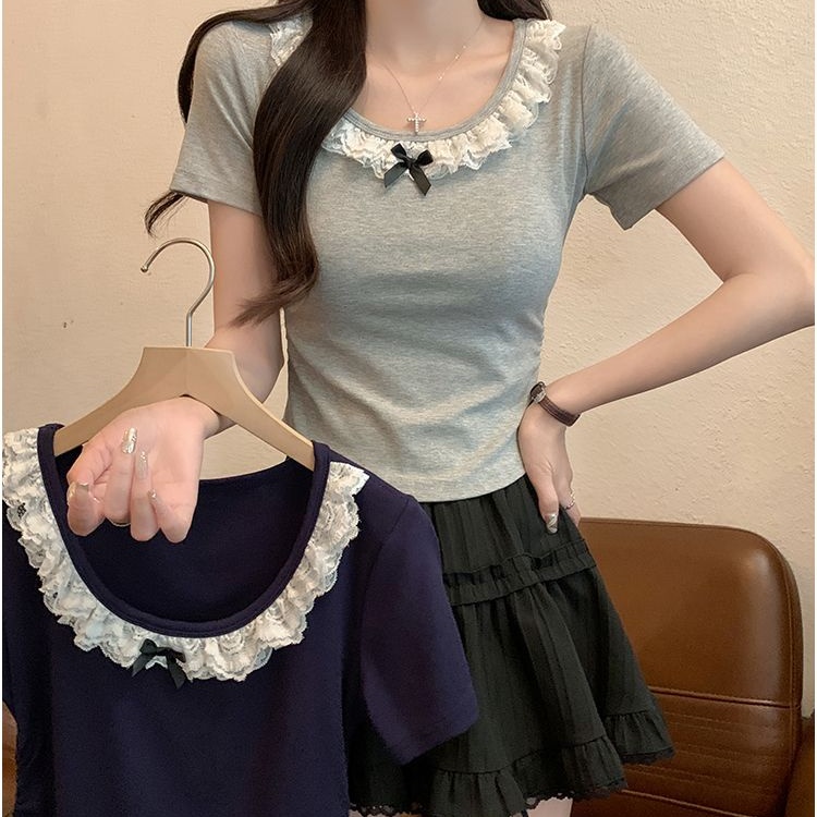 Lace short sleeve T-shirt slim short tops for women