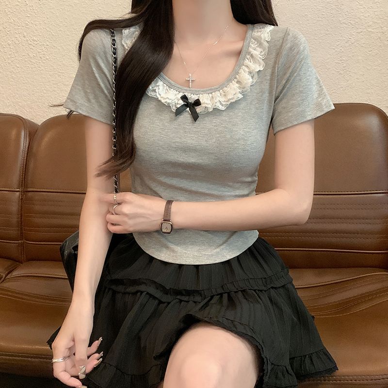 Lace short sleeve T-shirt slim short tops for women
