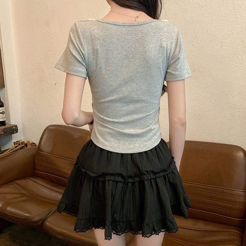 Lace short sleeve T-shirt slim short tops for women