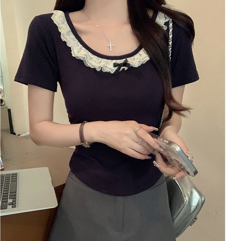Lace short sleeve T-shirt slim short tops for women
