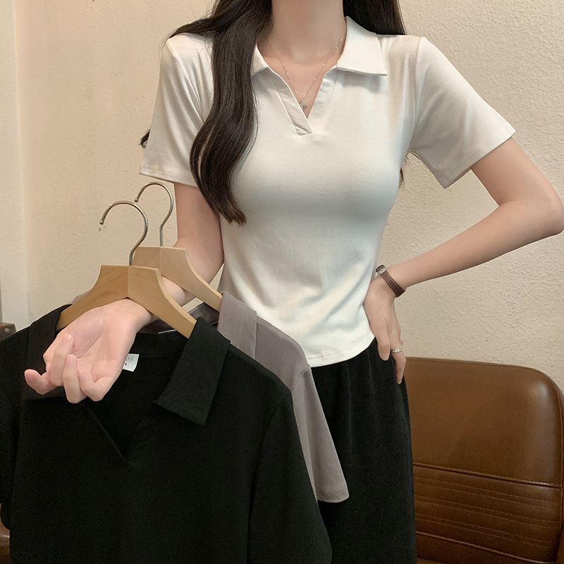 Cotton short tops screw thread short sleeve T-shirt for women