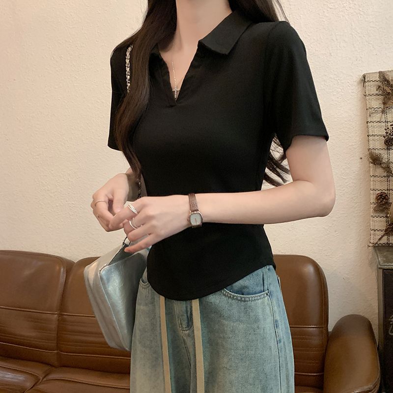 Cotton short tops screw thread short sleeve T-shirt for women