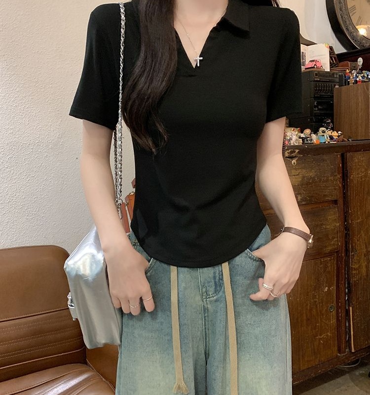Cotton short tops screw thread short sleeve T-shirt for women